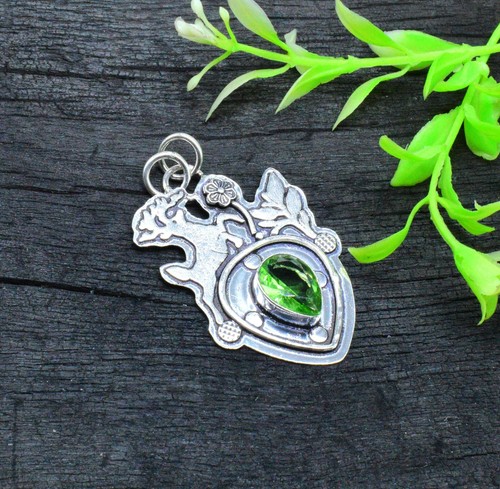 Green Amethyst Gemstone Handmade 925 Sterling Silver Jewelry Deer Pendant Sz-2" - Picture 6 of 7