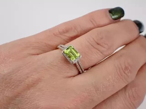 Engagement Ring 14K White Gold Plated 3Ct Emerald Cut Lab-Created Peridot Halo - Picture 5 of 5