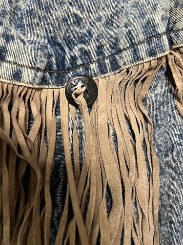 Vintage Sergio Valente Denim Jacket Womens Large Light Wash Leather Fringe Coat - Picture 8 of 9