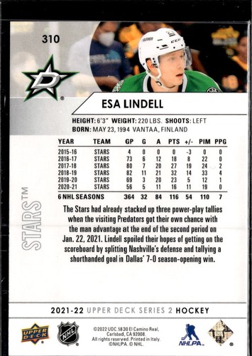 2021-22 Upper Deck #310 Esa Lindell - Picture 2 of 2