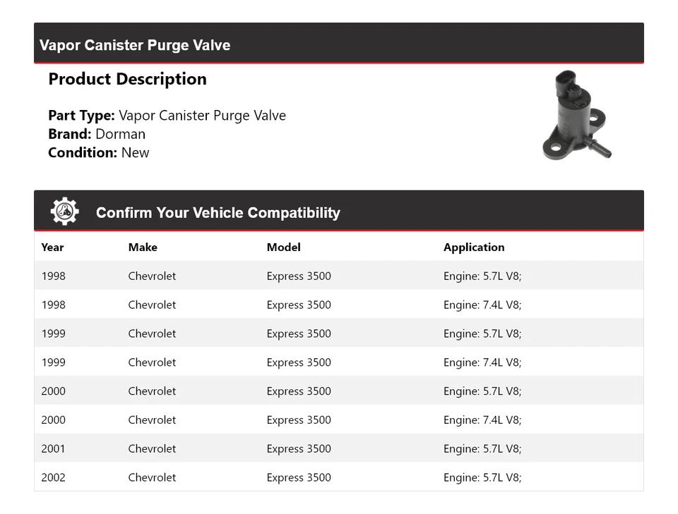 Válvula de purga de bote de vapor Dorman 1998-2002 Chevrolet Express 3500 1999 2000 Foto 2 de 4