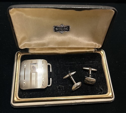 925 Sterling Silver Vintage Maco Striped Belt Buckle & Matching Cufflinks