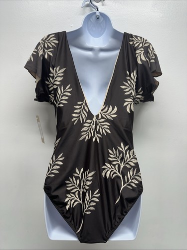 Traje de baño Albion Cape de una pieza estampado de helecho botánico marrón marfil nuevo talla mediana - Imagen 6 de 8