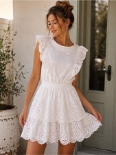 Steve Madden White Eyelet Lace Tiered Mini Dress Size Small Boho Cottagecore