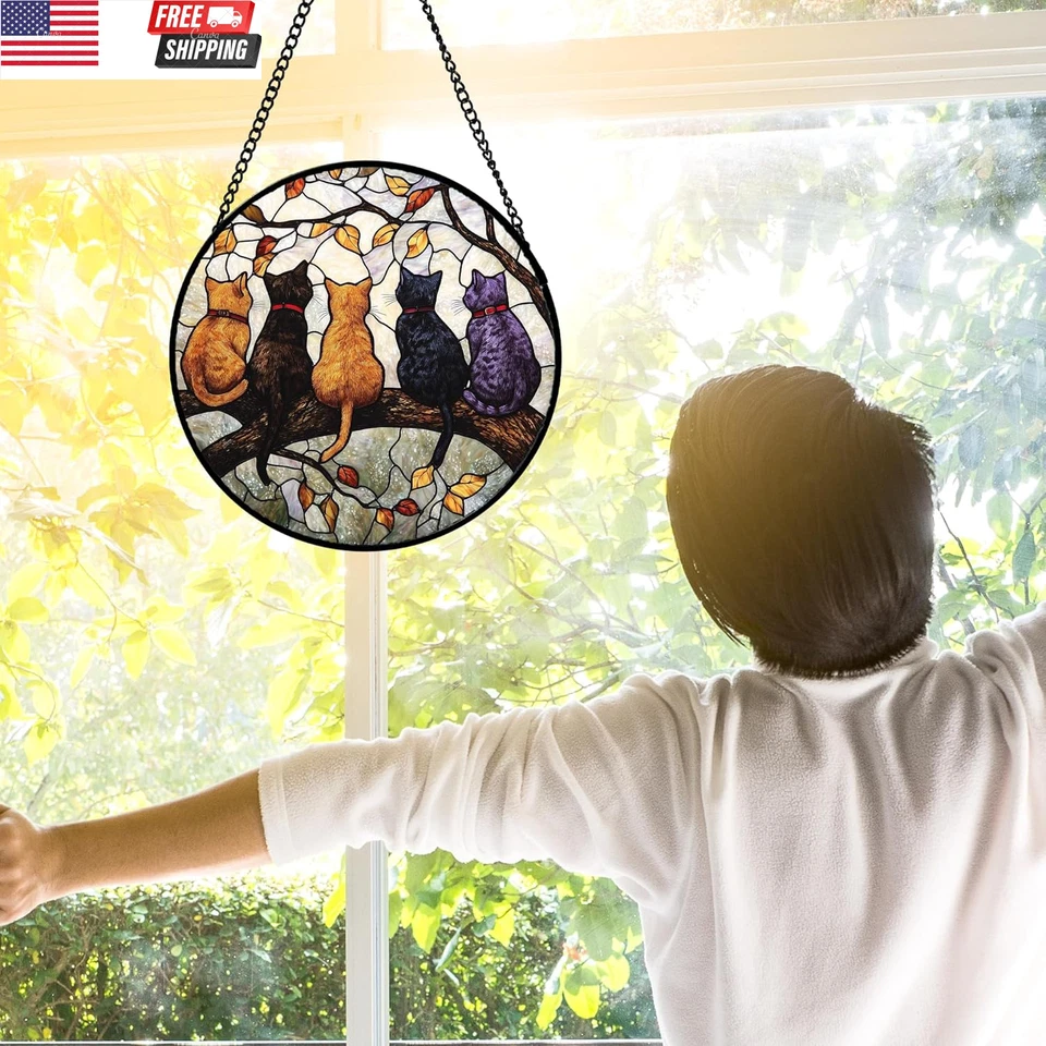 Vitral colgante de ventana - 5 gatos en una rama atrapasoles para puertas de ventana Ho Foto 2 de 4