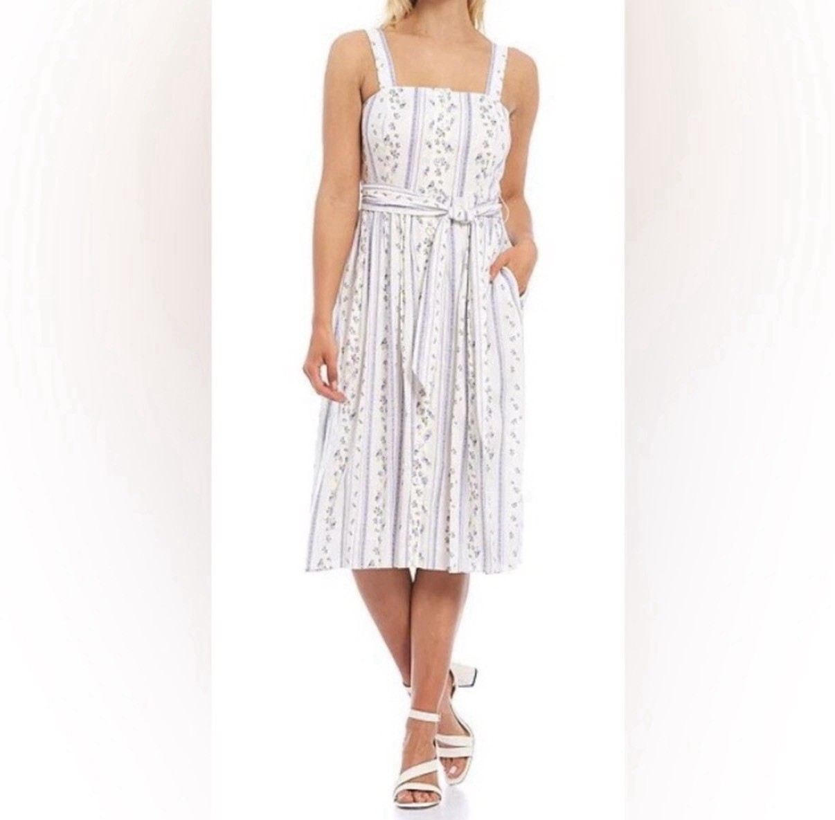 Antonio Melani Floral Striped Sleeveless Button Belted Midi Dress Size 2