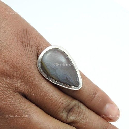Botswana Agata Pietra Trendy Cocktail Anello Gioielli Misura 7 Massiccio Argento - Foto 5 di 8