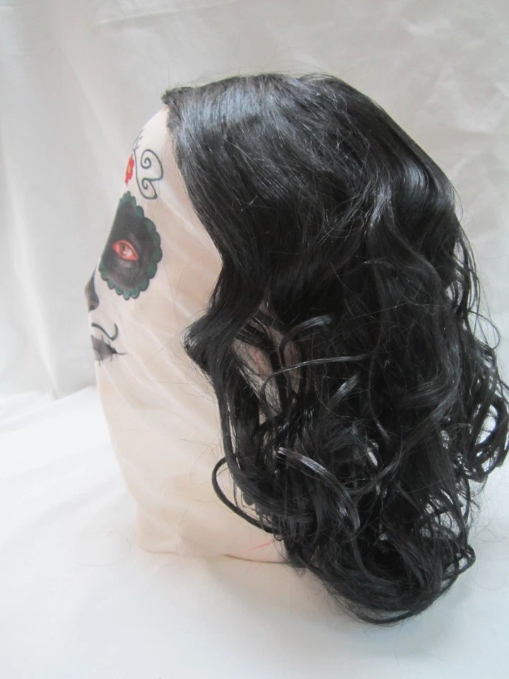 Halloween Adult Day of the Dead Mask w Black Hair Costumes Parties nylon sleeve - Image 2 of 4