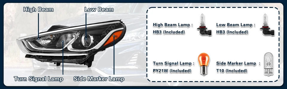 Pair For 2018 2019 Hyundai Sonata Halogen Headlight Assembly w/ Bulb Left Right - Image 3 of 4
