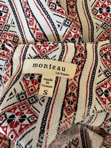 Monteau Women’s Small Blouse Ruffle Sleeves Geometric Pattern Red White Blue - Picture 7 of 7