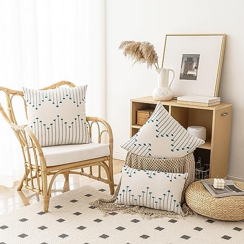 Boho Throw Pillow Covers 18x18 Set of 2 18" x 18" (Pack of 2) Beige and Blue - Picture 5 of 7