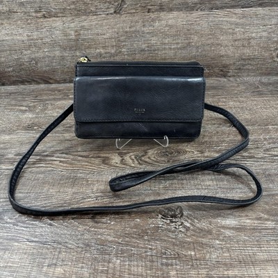 Fossil Crossbody Bag Women's Black Leather Wallet Clutch Detachable Strap Brass