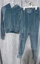 Victoria Secret Blue Velour Tracksuit Set Cropped Hoodie Jogger Women s Size S