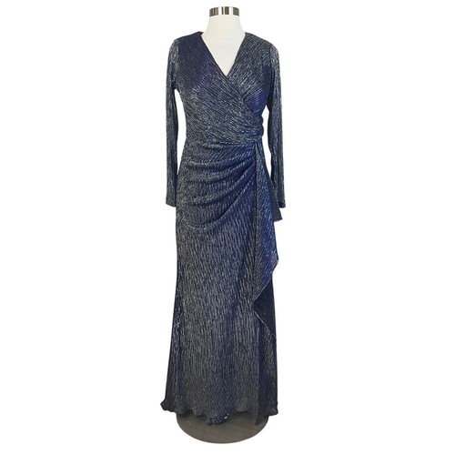 Betsy & Adam Women Formal Dress Size 10P Blue Metallic Long Sleeve Evening Gown