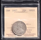 Canada 1927 25 Cent Quarter ICCS Certified VF-20 Rare Semi Key Date Coin