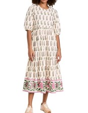 SZ Blockprints Gaia Puff Sleeve Midi Dress In Phool Print Faded Rose Cotton M