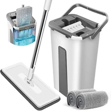 Flat Mop and Bucket with Wringer Set Hands-Free Floor Cleaning 2pcs Mop Pads