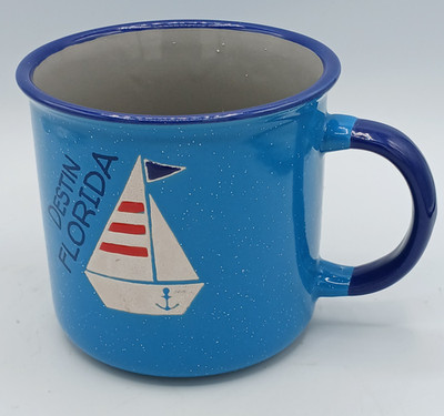 Vintage Destin Florida Blue Speckled Enamel Camping Mug Sailboat Anchor Design