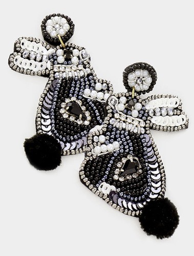EASTER RABBIT BUNNY BLACK DANGLE SEED BEAD SEQUINS RHINESTONE FELT BACK EARRINGS