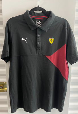 PUMA FERRARI F1 RACING POLO SHORT SLEEVE BUTTON SHIRT SZ LARGE BLACK