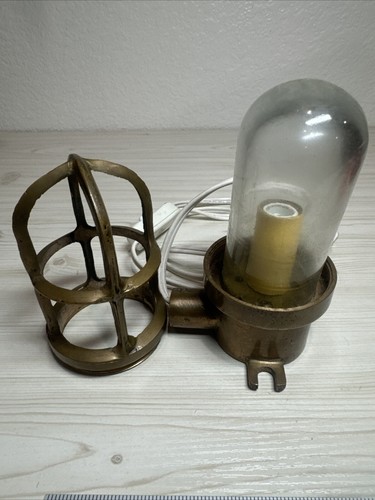 ANTIQUE BRASS LIGHT CAGE GLASS SHIP BULKHEAD TABLE LAMP CONVERSION 1950 - Picture 7 of 10