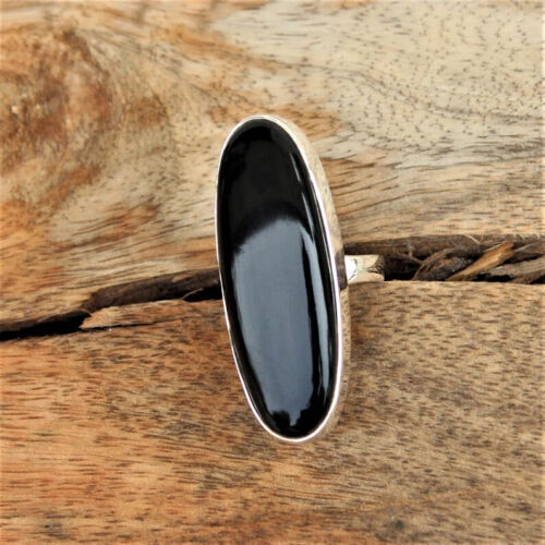 Anillo largo hecho a mano de ónix negro sólido de plata de ley 925, todas las tallas M274 - Imagen 2 de 5
