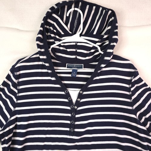 Women's Hooded Knit Top Karen Scott 3/4 Sleeve PL Blue White Stripe Size 1X - Picture 7 of 13