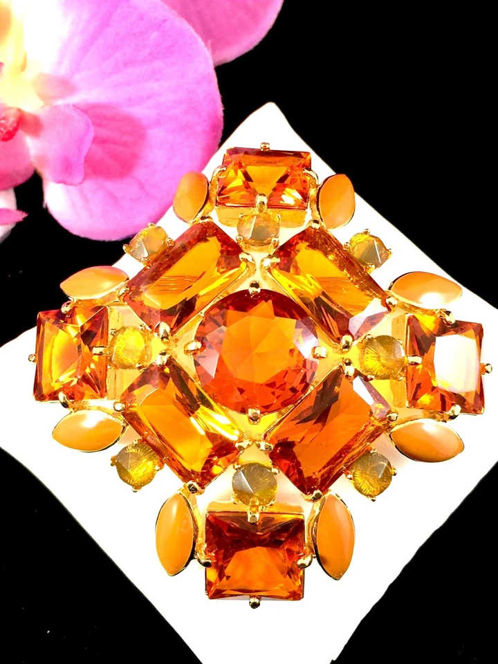 IMPRESIONANTE BROCHE GRANDE JOAN RIVERS NARANJA ÁMBAR ESTRÁS CABUJÓN CRUZ MALTESA