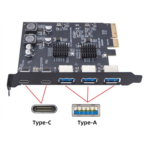 Three Type-A USB3.0 Back Panel Socket & Dual USB3.1 Type-C to PCI-E Card Adapter - Picture 2 of 11
