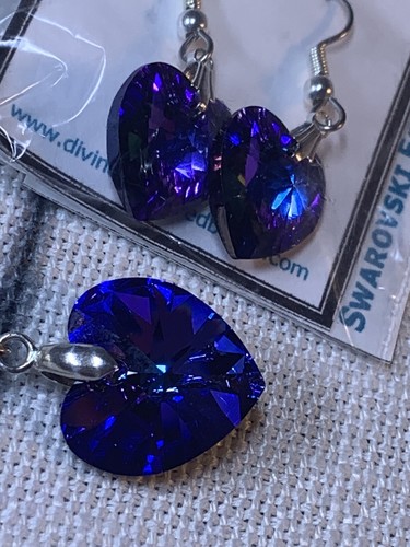 NWT Purple & Blue SWAROVSKI Crystal Heart Necklace & Earring Set 16" .925 Chain - Picture 14 of 14