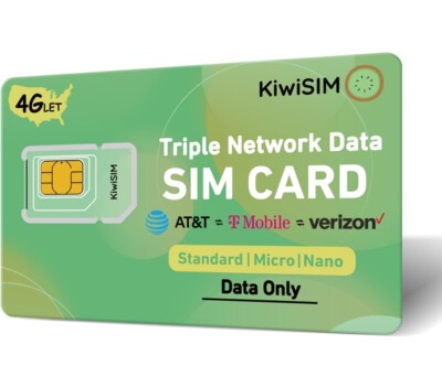 KiwiSIM Prepaid Data SIM Card Support for AT&T, T-Mobile and Verizon Network, US