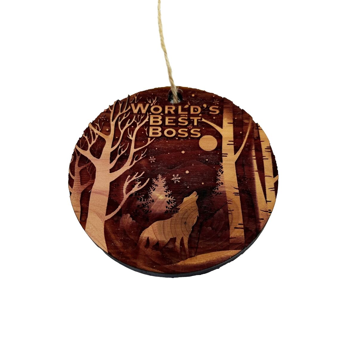 Winter Wolf Worlds Best Boss - cedar ornament Winter Wolf Worlds Best Boss - cedar ornament