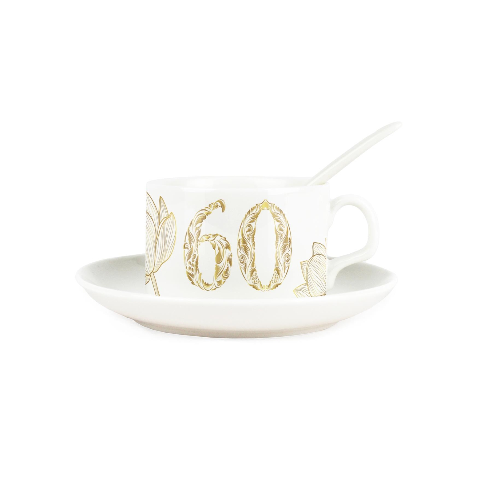 Golden Flowers Age 60 Porcelain Cup & Saucer Set with Spoon - 60th Birthday Gift