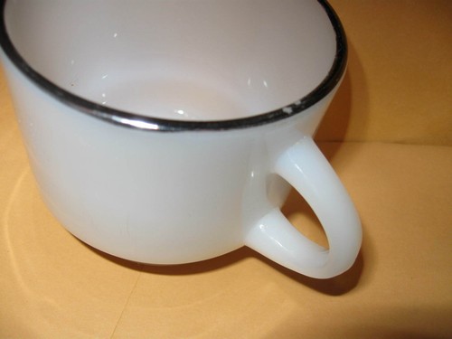 Preowned FIRE KING COFFEE CUP mug White w/ silver trim Anchor Hocking 2 5/8" - Picture 3 of 5