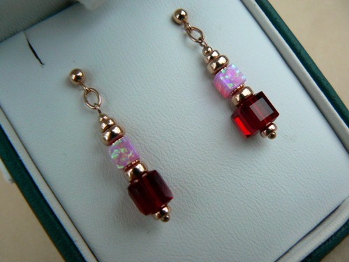 Deco 14ct Rose Gold Filled cube earrings with pink Opals & Siam Red crystals - Picture 4 of 4