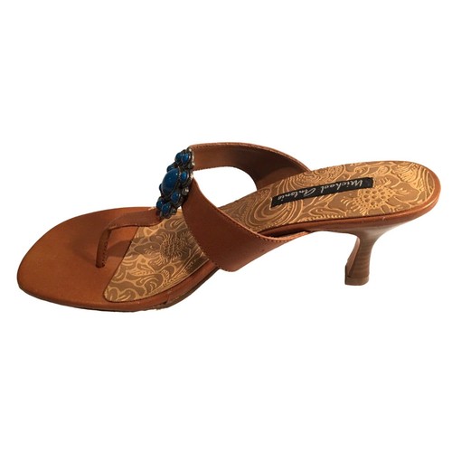 Michael Antonio Brown Thong Sandal Heels Shoes Teal Gold Jewelry Embellishment - Picture 8 of 24