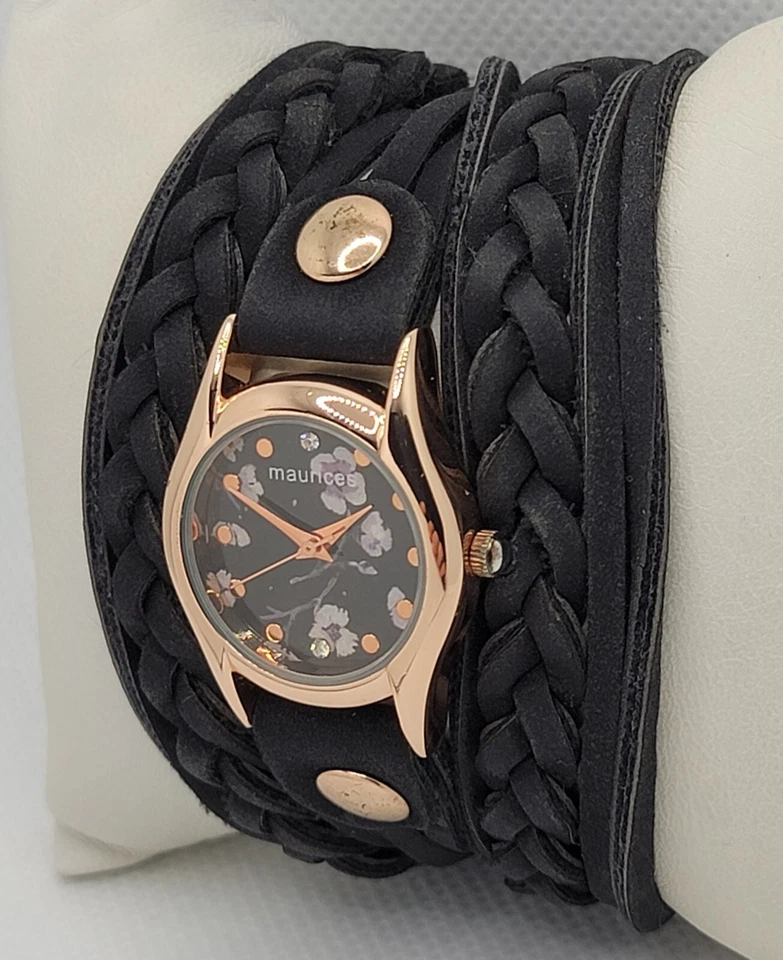Hermoso reloj pulsera ancho esfera negra tono oro rosa redondo Maurices para dama L6 Foto 3 de 4