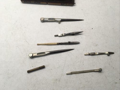 VINTAGE DRAWING DRAFTING TOOLS COMPASS 7 PARTS AND LEAD PENCIL WOOD CASE - Picture 5 of 12