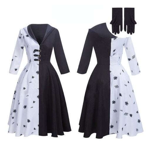 2024 Damen/Mädchen Halloween Kostüm Böse Madame Cruella De Vil Cosplay Kostüm # - Bild 9 von 11