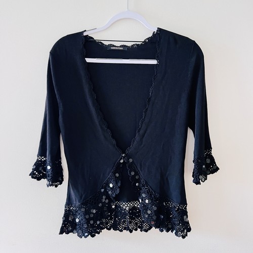 Marco Polo Black Cardigan Size M Womens Party Formal 90s Vibes Sequin Button Up - Picture 9 of 21