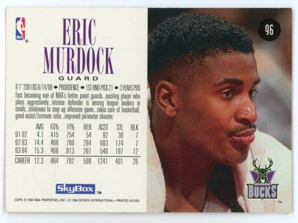 1994-95 SkyBox Premium Milwaukee Bucks Basketball Card #96 Eric Murdock - Image 2 of 2