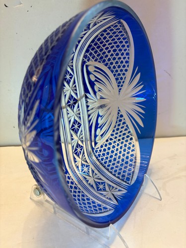 Cobalt Blue Cut To Clear Crystal Bowl, 8 1/8" across, Gorgeous! Czech/Bohemian - Picture 14 of 16