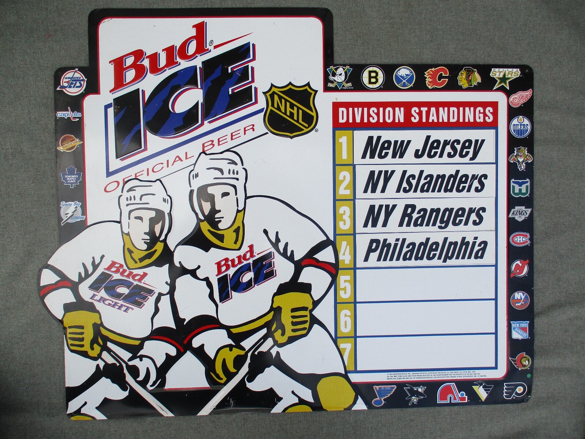 VINTAGE 1995 BUDWEISER BEER BUD ICE NHL HOCKEY TEAM STANDINGS METAL BAR SIGN