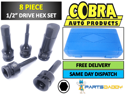 8 Piece Hex Key Set 1/2" Drive Impact H5 6 8 10 12 14 17 19mm Socket Allen 4-53 8 Piece Hex Key Set 1/2" Drive Impact H5 6 8 10 12 14 17 19mm Socket Allen 4-53