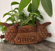 Hawaii Hand Made Wall Hanging Decor WELCOME Honu Turtle Wood Sign