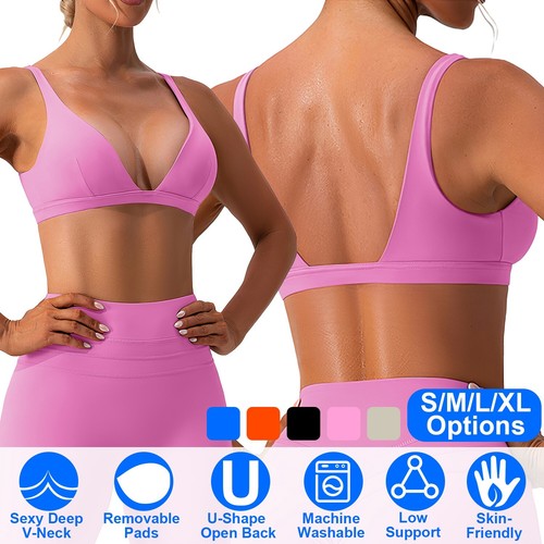 Womens Sports Bra Breathable Deep V-neck Underwear Yoga Gym Bra Crop Tank Top - Picture 20 of 37