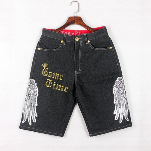 Mens Jeans Shorts Denim Capri Pants Hip-Hop Embroidery Poker Relaxed Black 30-46 - Picture 7 of 9