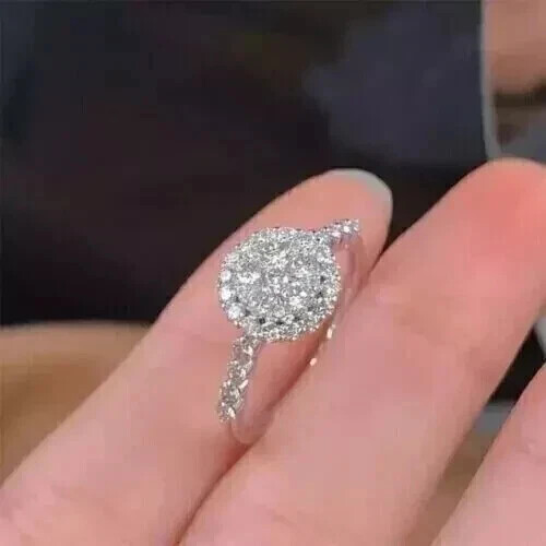 Real Moissanite 2.50Ct Round Cut Cluster Engagement Ring 14K White Gold Plated - Picture 2 of 8