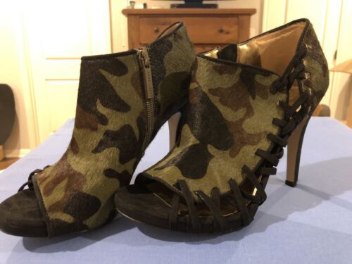 Nine West Size 5.5 M  Camo  NWESTEFANIA Leather Ankle Boots Womens HEELS PEEP - Picture 1 of 12