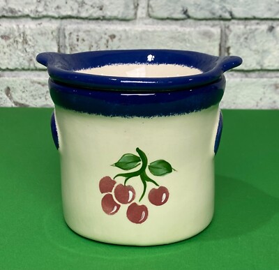 Vintage Blue & Beige Hand Painted Cherries Dip Chiller Ceramic Chili Crock Set
